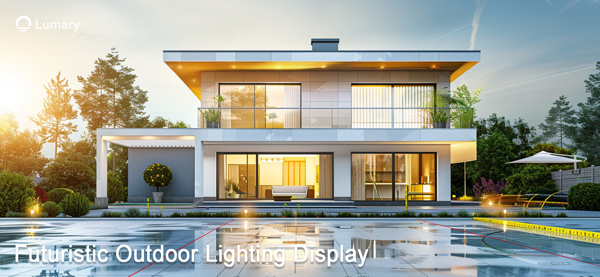 A modern house showcasing a futuristic permanent outdoor lighting display, illuminating the driveway, patio, and building facade. The Lumary brand logo is in the top left corner